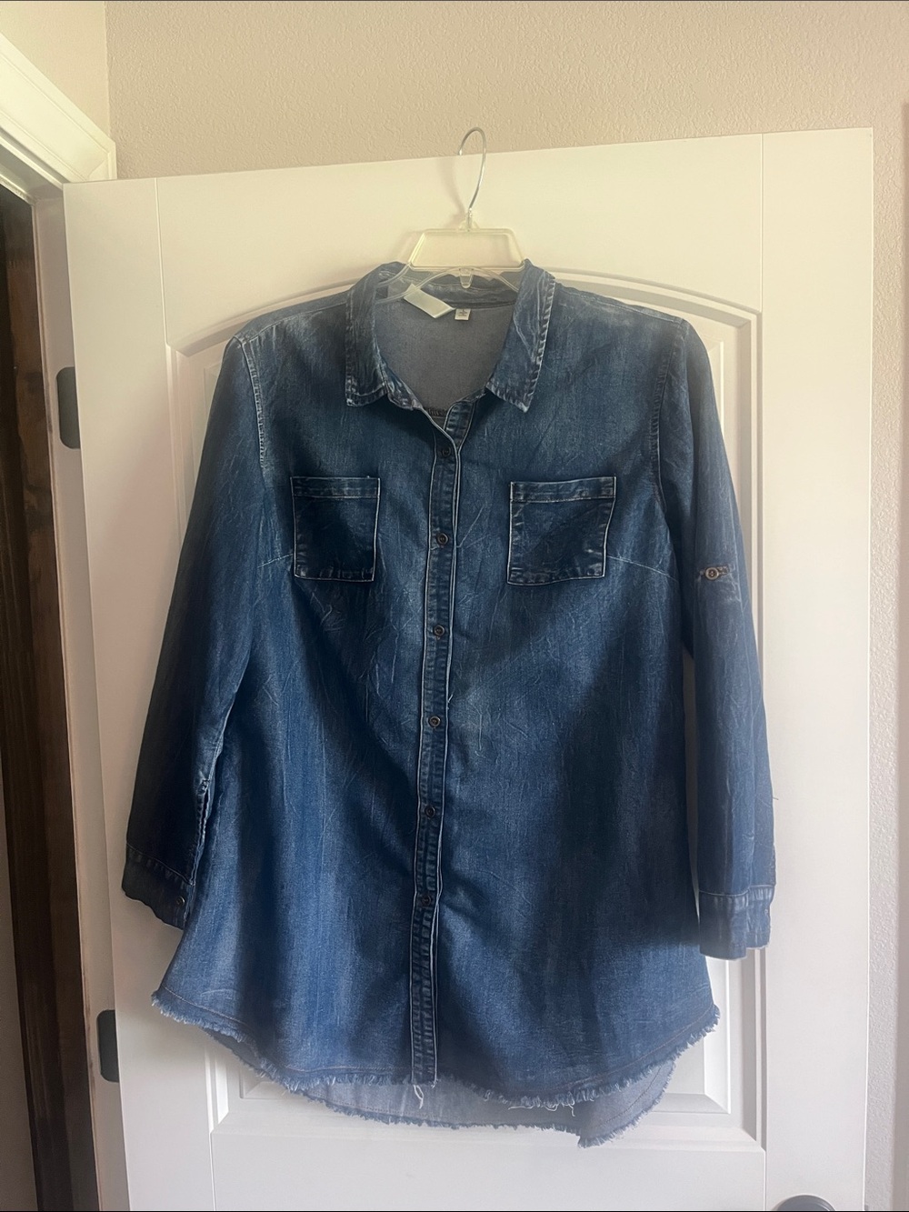 Lara Fashions Denim Button-Down Shirt - Dark Blue